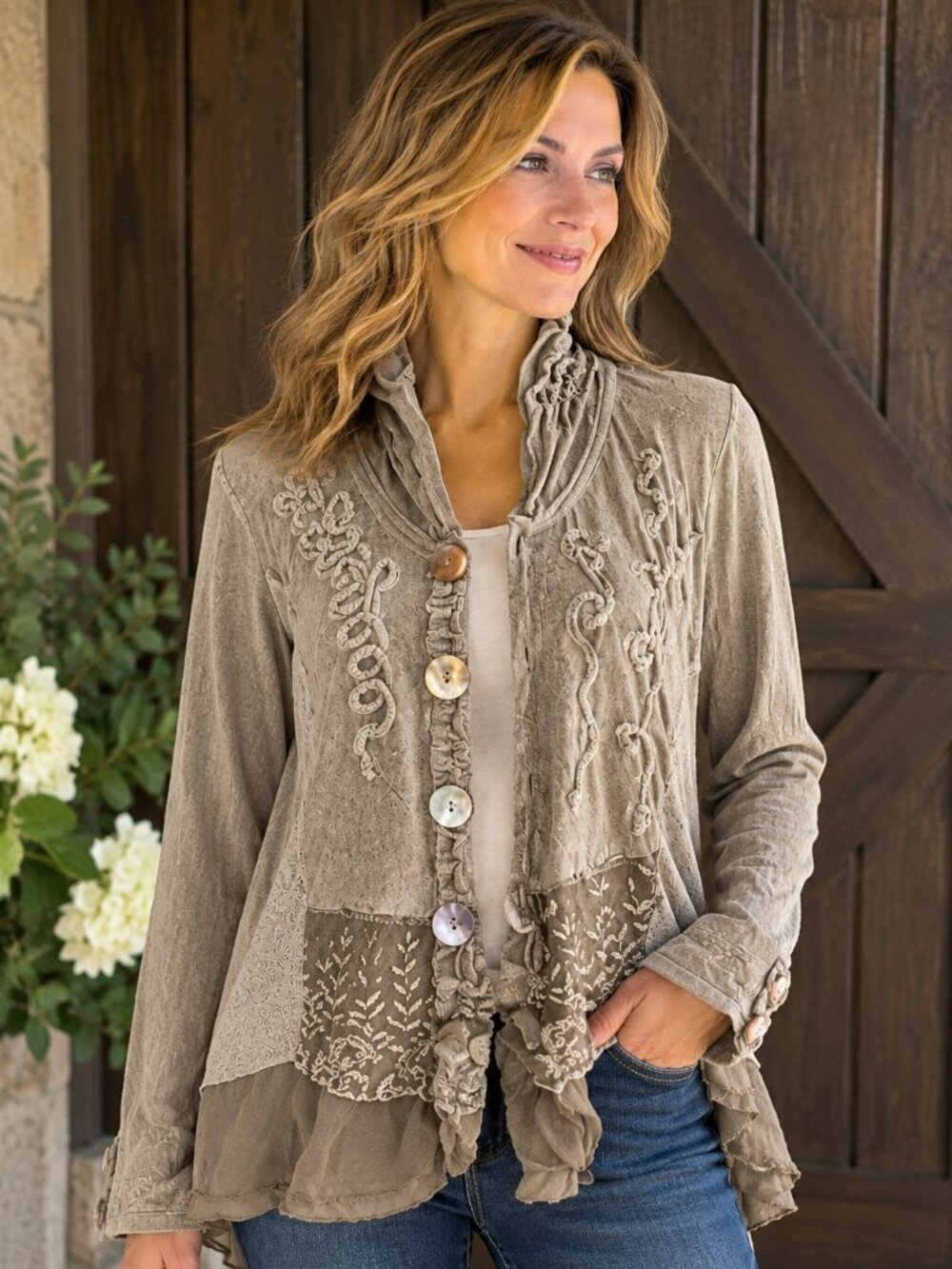 Dolcezza Taupe Floral Embroidered Ruffle Jacket Cardigan L Boho Artsy